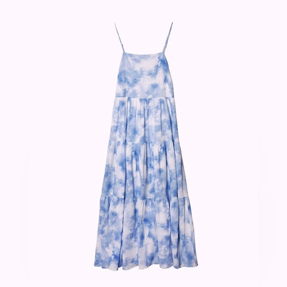 JONATHAN SIMKHAI Organic Cotton Blue & White Tiered Maxi Dress Flowy Sundress - Picture 2 of 14